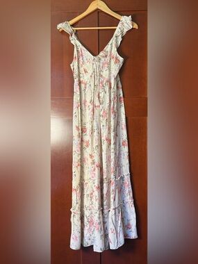 Wallflower Lauren Rayon Challis Babydoll Ruched Front Pink Floral Maxi Dress L
